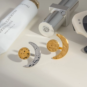 Fashionable sun and moon open rings with hammered texture in gold and silver plating