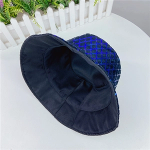 Chic black bucket hat with blue sequin diamond pattern and reflective finish for women