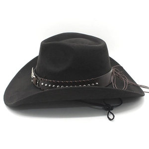 Detail of black suede cowboy hat featuring brown leather band with silver rivets and chin strap