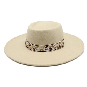 Classic beige wide-brim fedora hat with a patterned bohemian decorative band