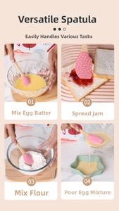 Pink polka dot silicone spatula with wooden handle for baking and mixing tasks