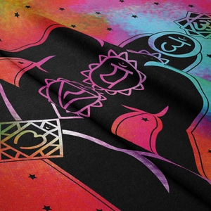 Detailed close-up of bohemian yoga chakra tapestry with vibrant tie-dye edges and symbols
