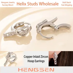 Heart Shaped Huggie Hoop Earrings Zircon Copper Silver Plated With Stainless Steel Earring Post Sweet Chic For Women