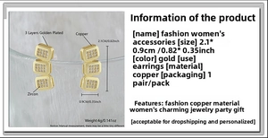 Detail of square zircon earrings featuring copper with 3 layers of golden plating