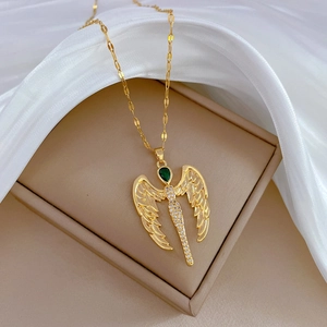 Titanium steel angel wing necklace with green teardrop gemstone and crystals on silk
