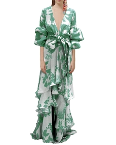 Floral print maxi dress with deep V-neck, lantern sleeves and waist tie on white background