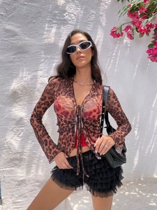 Leopard Print Sheer Mesh Top Sexy Tie Front Long Sleeve T-Shirt Ruffle Trim Streetwear Vacation Style For Women