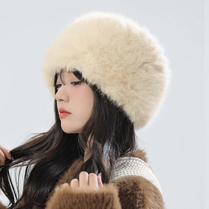 Women's warm faux fur trapper hat in creamy white with thick plush winter insulation