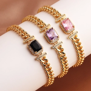 Elegant gold-plated chain bracelets featuring square black, purple, and pink zircon stones