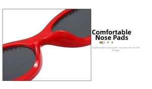 Detailed view of comfortable integrated nose pads on red rhinestone party sunglasses