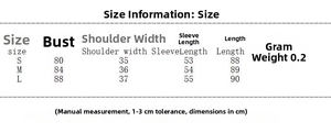 Size chart for floral print dress detailing bust, shoulder, and sleeve measurements in cm
