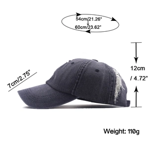 Specifiche taglie per cappellino in denim vintage con visiera 7cm e altezza di 12cm