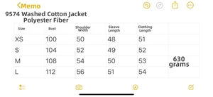 Tableau des tailles détaillé pour veste en coton uni avec mesures de poitrine et manches