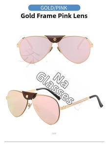 Detail einer Pilotenbrille mit Goldrahmen, rosa Gläsern und braunem Ledersteg-Dekor