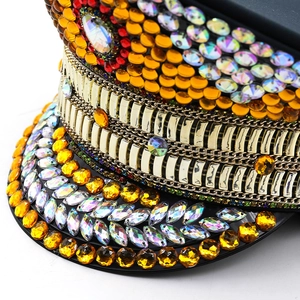 Golden sequined military hat with colorful rhinestones for party and stage performance