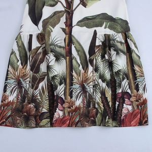 Tropical leaf print vacation maxi dress with hemp rope straps and loose A-line silhouette