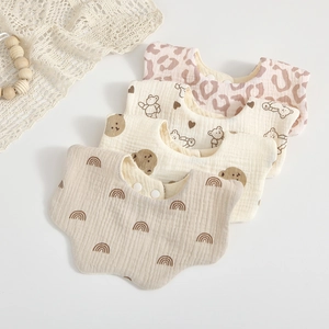 Soft 6-layer cotton muslin flower baby bibs in rainbow and bear patterns, set of 4