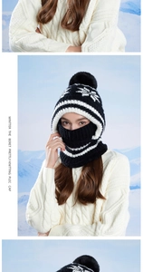 Close-up of knit snowflake pattern and pom-pom on integrated winter balaclava hood