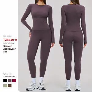 Women's Brushed Nylon Elastane Yoga Sports Top And Bottom Set Long Sleeve Tight Fitness Activewear Running Training Outfit