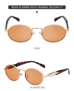 Front and 45-degree side views of retro round sunglasses with orange lenses and gold frame