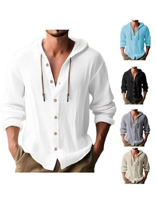 Detail showing high-quality linen fabric texture and adjustable hood drawstring design