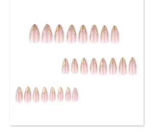 Detail of 24pcs light pink almond press-on nails with 3D gold embossed edges