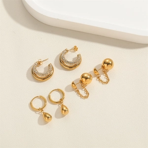 Three-pair 18K gold-plated earring set with zircon C-hoops, tassels, and drop charms