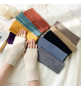 Detail of multi-color ribbed knit fingerless gloves showing warm textured wrist warmers
