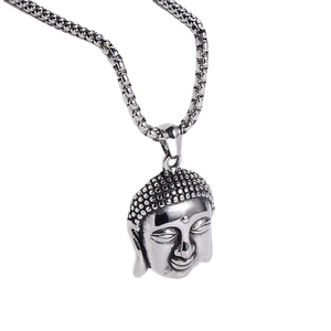 Retro stainless steel Buddha head pendant with box chain in vintage silver finish