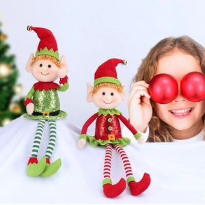 65cm Christmas elf shelf sitters with long striped legs and sequined holiday outfits
