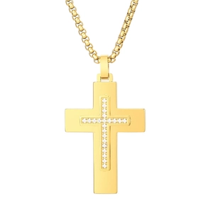 Hip hop style gold-plated stainless steel cross necklace with cubic zirconia inlay stones