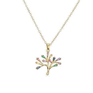 Golden necklace with micro-paved tree pendant featuring vibrant multi-color zircons