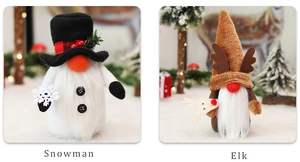 Detail of Christmas gnomes featuring snowman and elk themes with plaid and plush accents