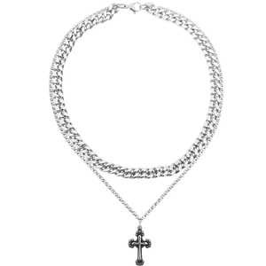 Minimalist double-layer silver stainless steel cross necklace with chunky Cuban chain
