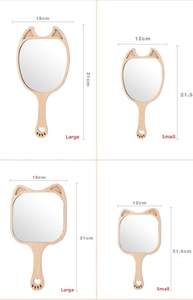 Wooden cat-ear handheld mirrors in large and small sizes with detailed dimensions