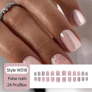 Pink press-on nails set with solid glossy finish and sparkling glitter accents 24pcs