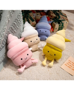 Detailed view of plush ice cream toys with waffle texture and cute facial embroidery