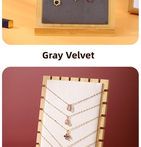 Detailed view of bamboo jewelry display board with gray velvet lining and side notches