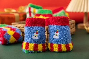 Detail of festive snowman embroidery on thick coral fleece Christmas socks