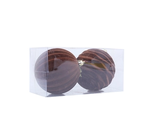 Two 10cm brown flocked Christmas balls with stripe texture in a clear plastic display box