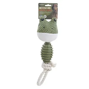 Durable green frog dog toy with TPR chewing texture and woven cotton rope for pet play