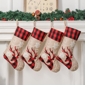 Christmas Stocking Gift Bag Reindeer Embroidery Buffalo Plaid Burlap Rustic Holiday Fireplace Decoration