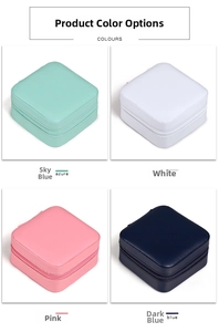 Grid display of square leather jewelry boxes in azure, white, pink, and dark blue colors