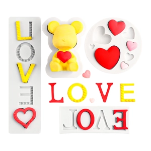 Silicone mold set for 3D bear, hearts, and LOVE letters for cake fondant and DIY crafts