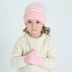 Kids pink and white striped knit beanie and gloves set shown on a child model