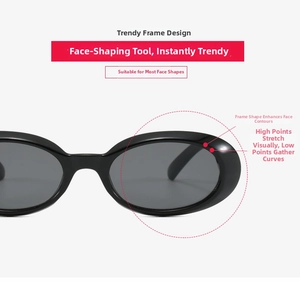 Close-up of vintage oval sunglasses with thick black frames and dark gray lenses