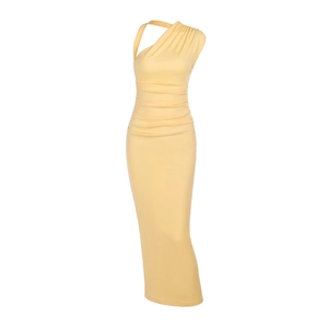 Elegant pale yellow one-shoulder maxi dress with ruched details and backless design