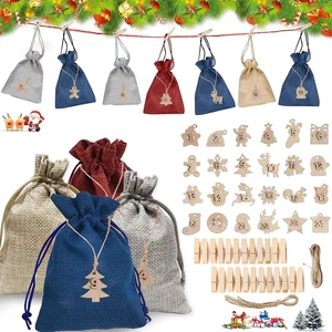 Detailed Christmas advent calendar set with 24 linen bags, wooden clips and twine