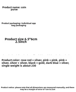 Detailed size chart for the sequin coin purse measuring 6.5x6cm and weighing 23g