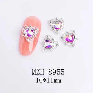 Hollow lace silver nail charm with iridescent heart gem and 10x11mm size detail